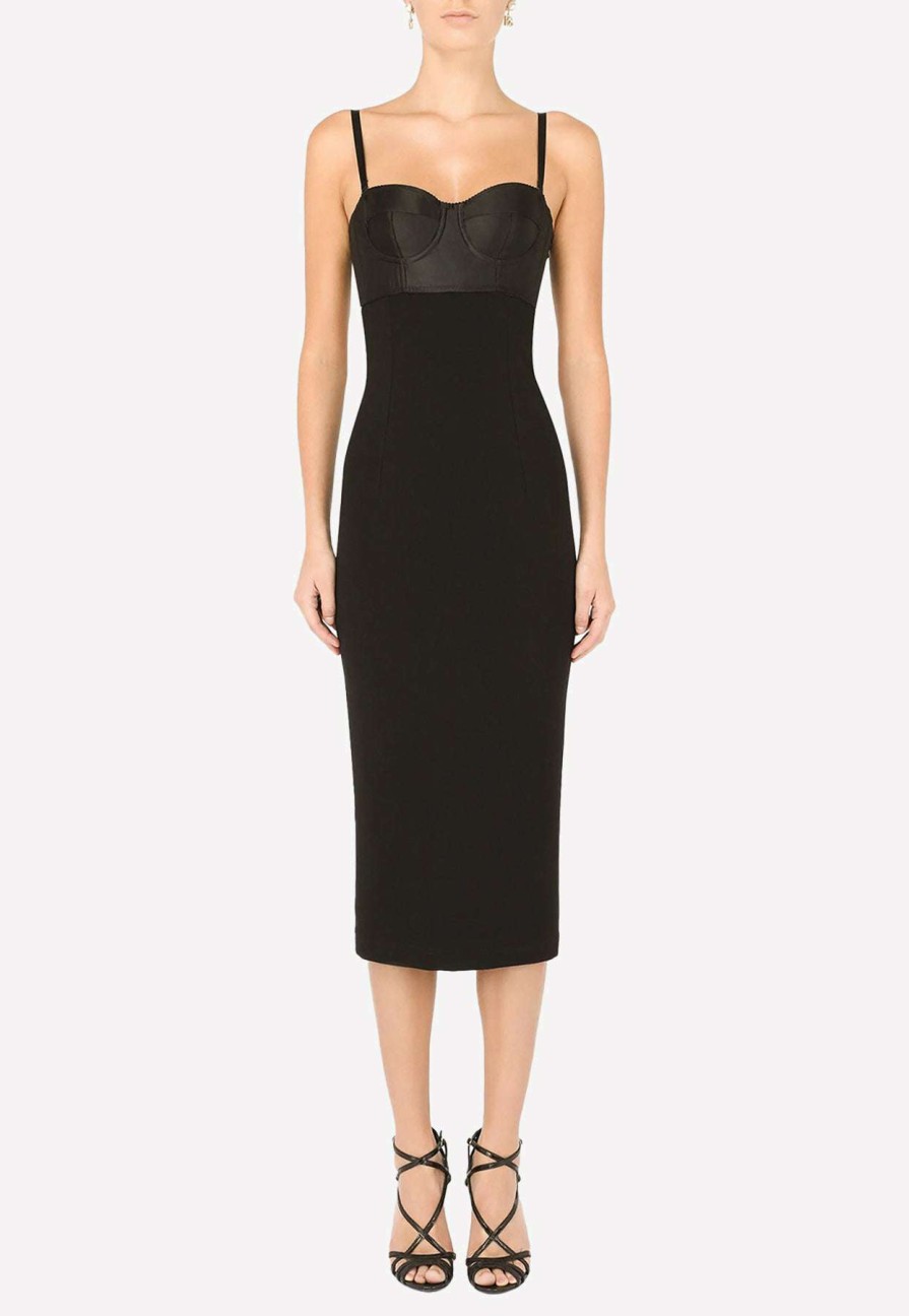 Evening * | Dolce & Gabbana Jersey And Satin Sleeveless Midi Dress Black